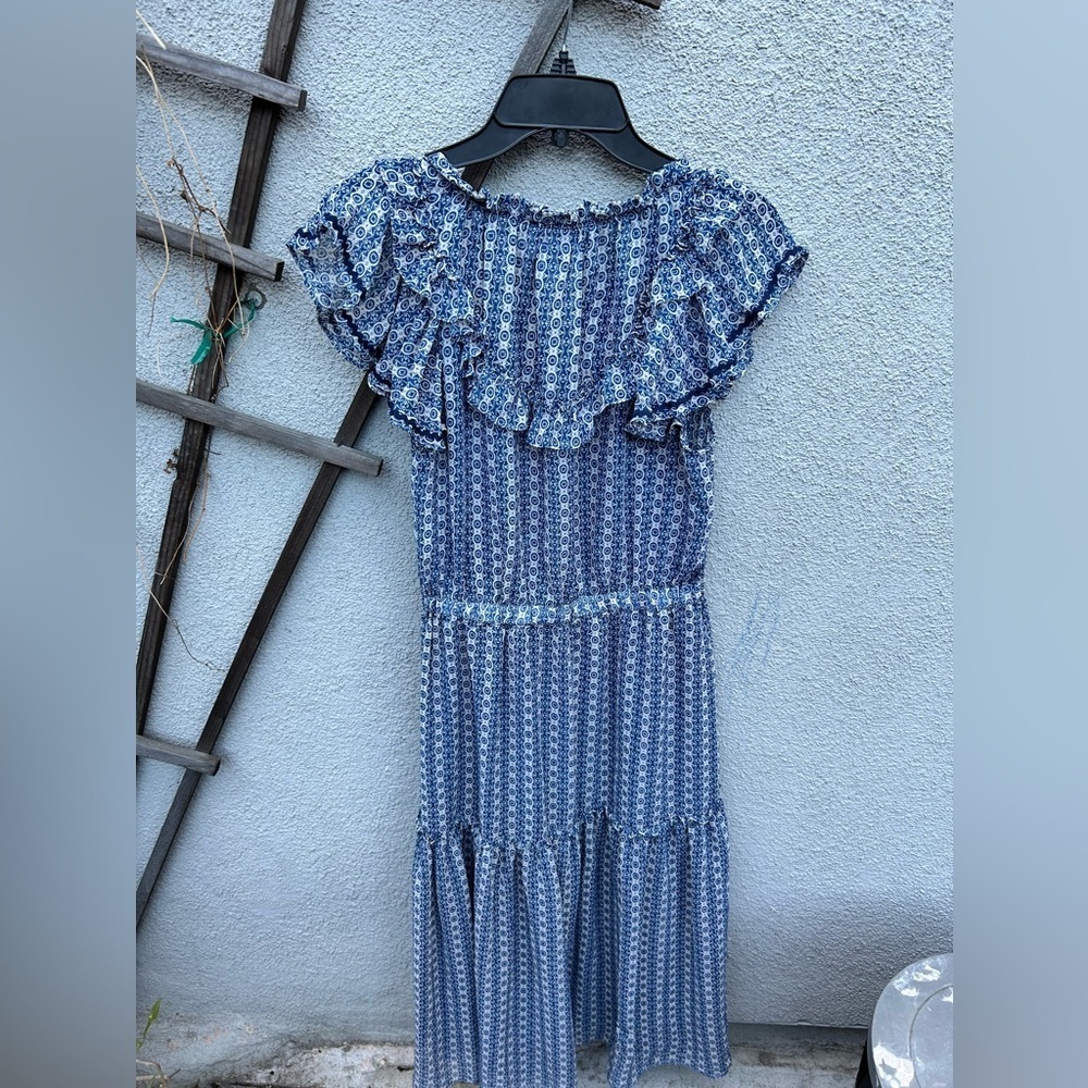 MISA Los Angeles Melissa Dress Blue Geometric Printed Chiffon Ruffled - Picture 7 of 7